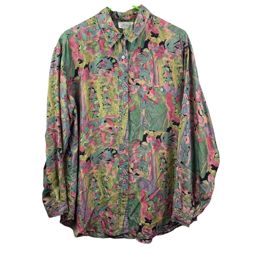 Vintage K Arnold %100 Silk Floral Blouse Top Womens Large Long Sleeve
